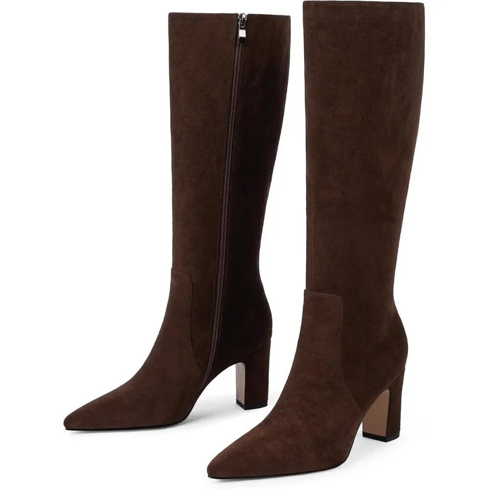 Women Chocolate Chunky Heel Pointed Toe Side Zipper Fall Dressy Comfortable Boot